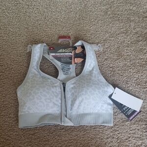 Avia M Grey White Leopard Print Sports Bra Zip Front